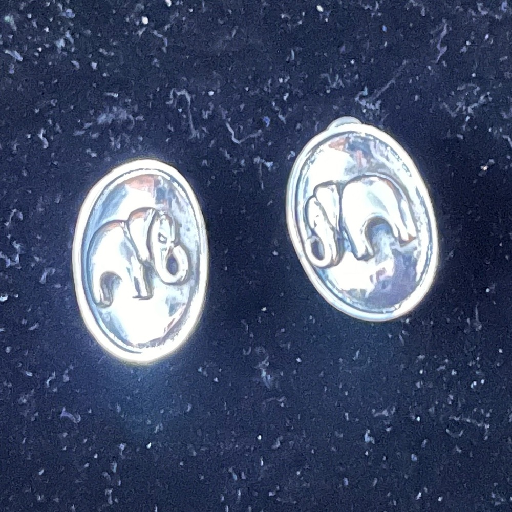 VTG Sterling Silver Elephant ClipOn Earrings Lucky Trunk Up Oval/Signed Hallmark